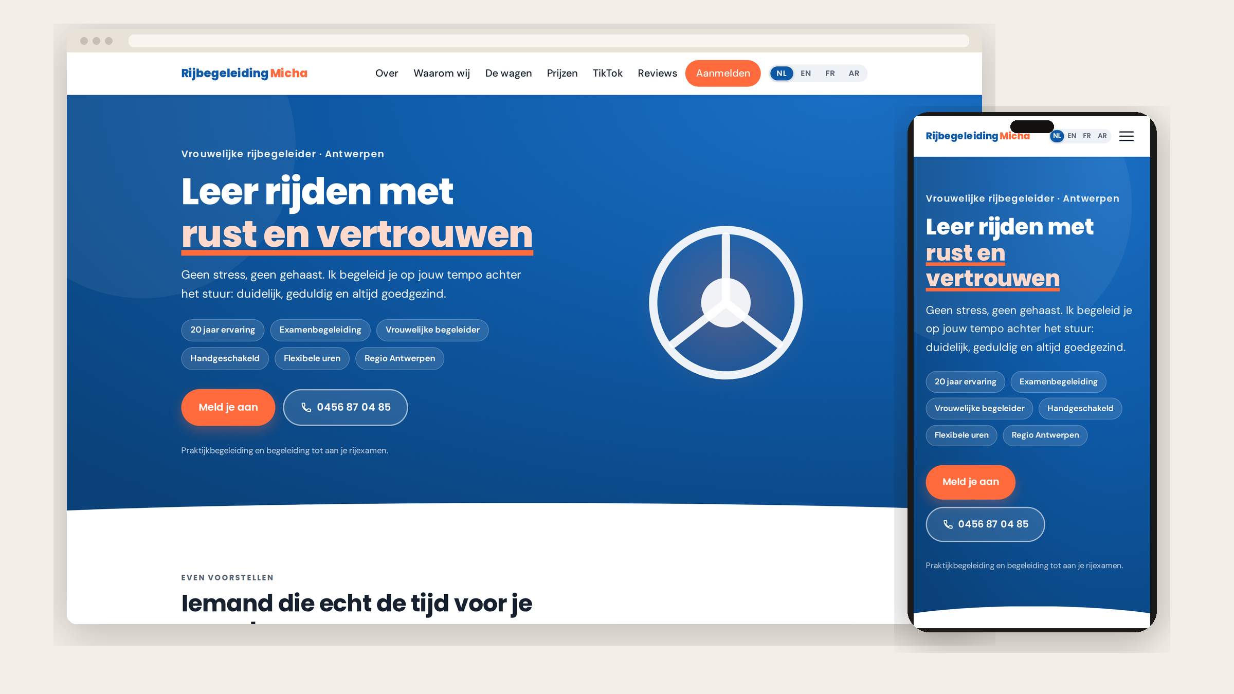 Homepage van Rijbegeleiding Micha, zoals de site nu online staat